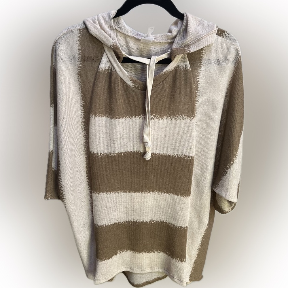 Honeyme Hooded 3/4 Sleeve Tan & White Stripe